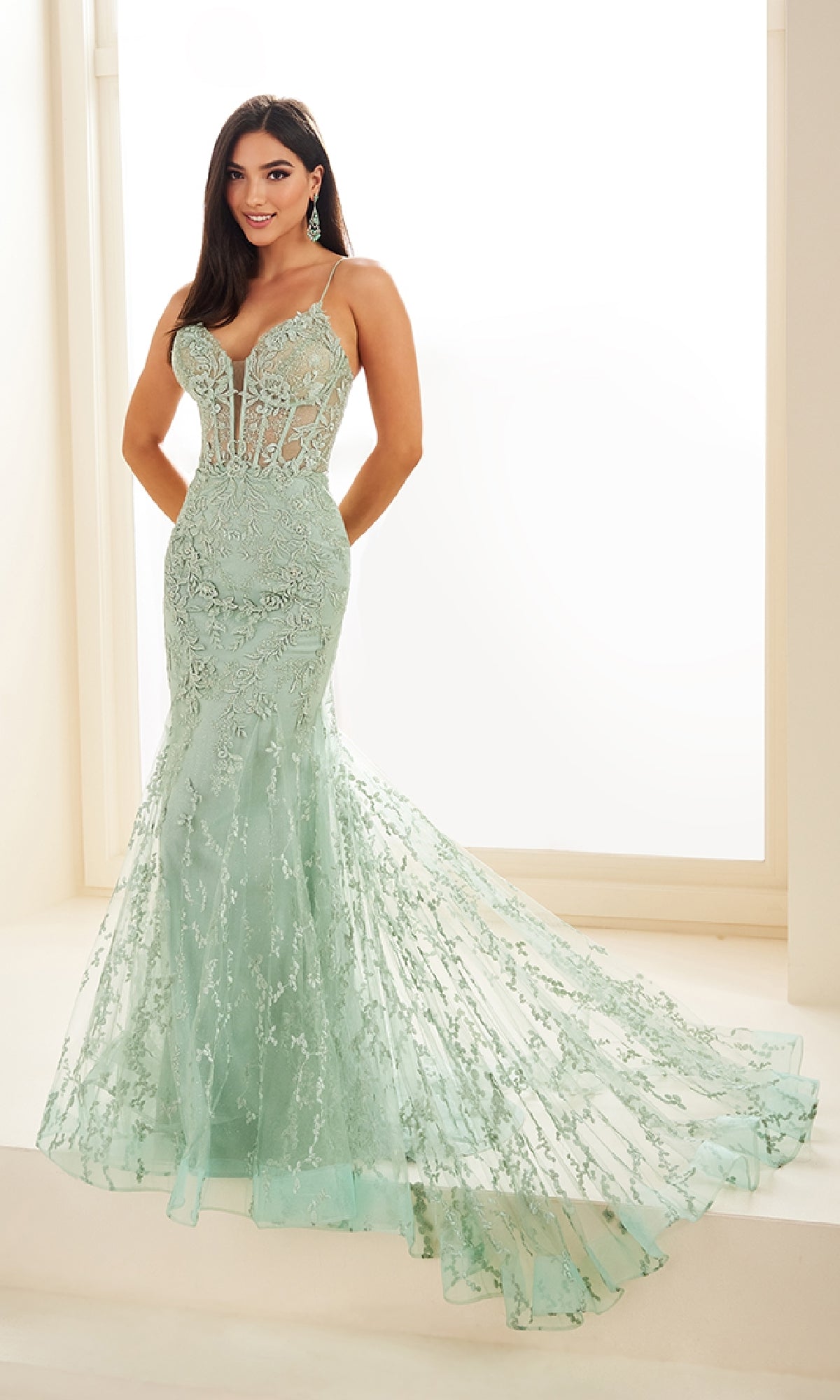 A woman wears the Ellie Wilde Beaded-Tulle Long Prom Dress EW35010, a light green, fitted gown with sheer panels, lace details, thin straps, and beaded embroidery, standing before a bright window.